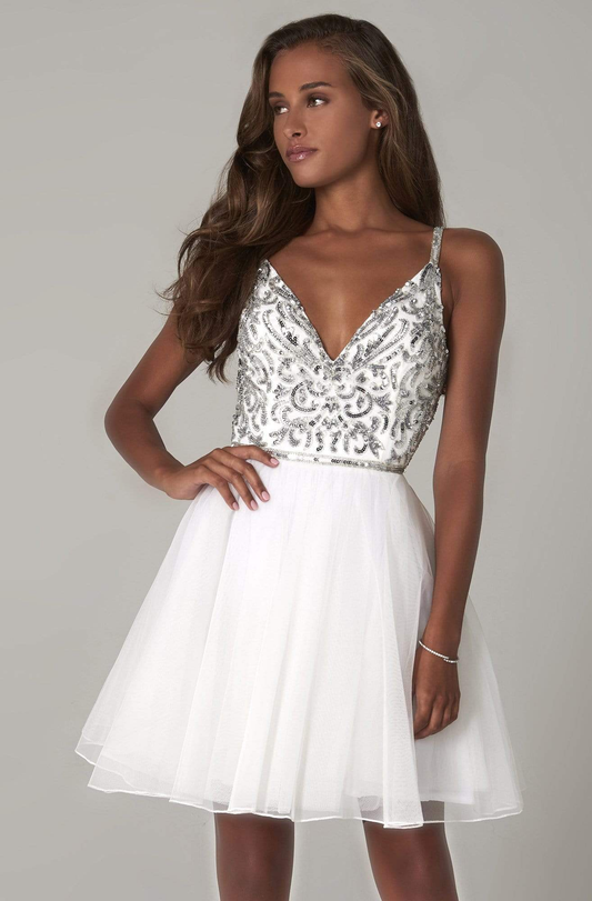 Robe courte trapèze à col en V et corsage pailleté gh823