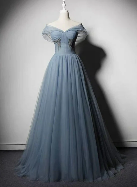 Grau-blauer Tüll schulterfrei Perlen langes Abendkleid Partykleid, lange Abendkleider gh16