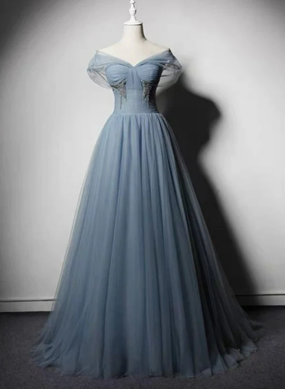 Grau-blauer Tüll schulterfrei Perlen langes Abendkleid Partykleid, lange Abendkleider gh16