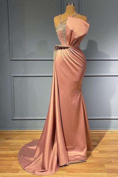 Pink Sleeveless Spaghetti-Straps Ruffles Mermaid Prom Dress With Beads gh714