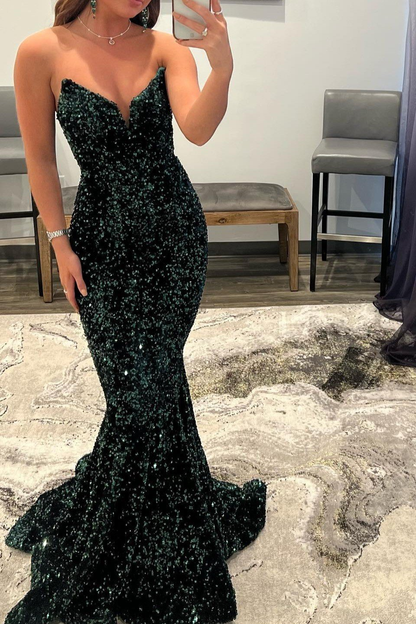 Robe de bal longue sirène vert foncé à col en V et paillettes gh782