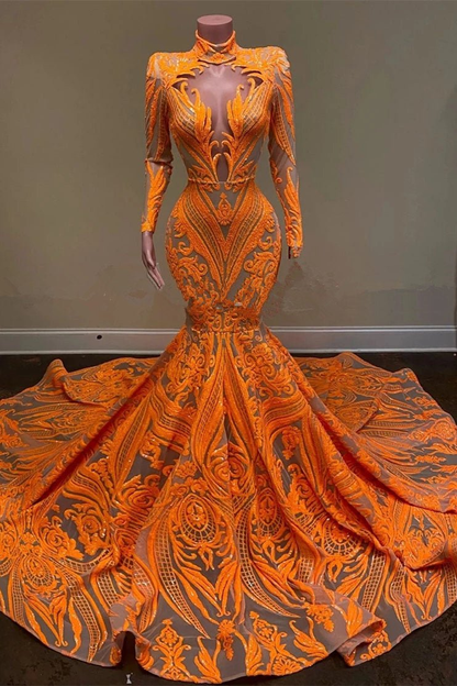 Orange Long Sleeves Mermaid Prom Dress Sequins Lace gh630