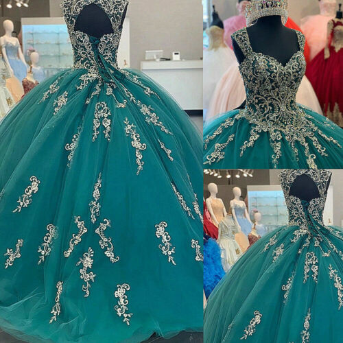 Grüne Schatz-Quinceanera-Kleid-wulstige Applikationen Tüll-Bonbon-16-Ballkleid gh949