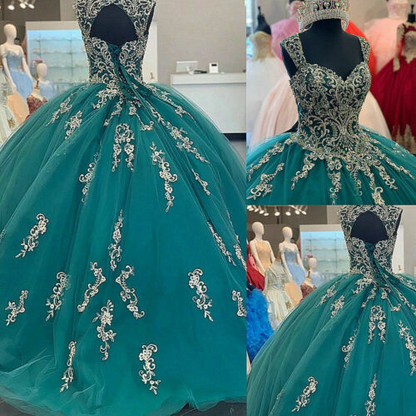 Grüne Schatz-Quinceanera-Kleid-wulstige Applikationen Tüll-Bonbon-16-Ballkleid gh949
