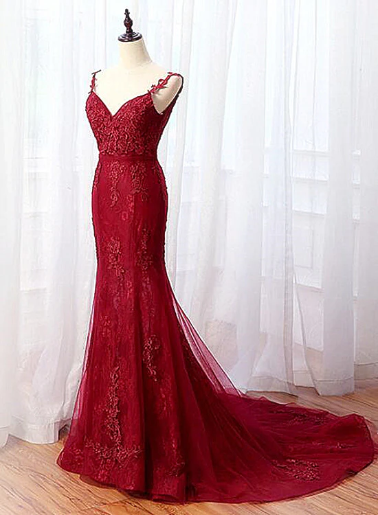 Bezauberndes Meerjungfrau-Spitzen-Burgunder-Abschlussballkleid, langes Tüll-Abendkleid gh431