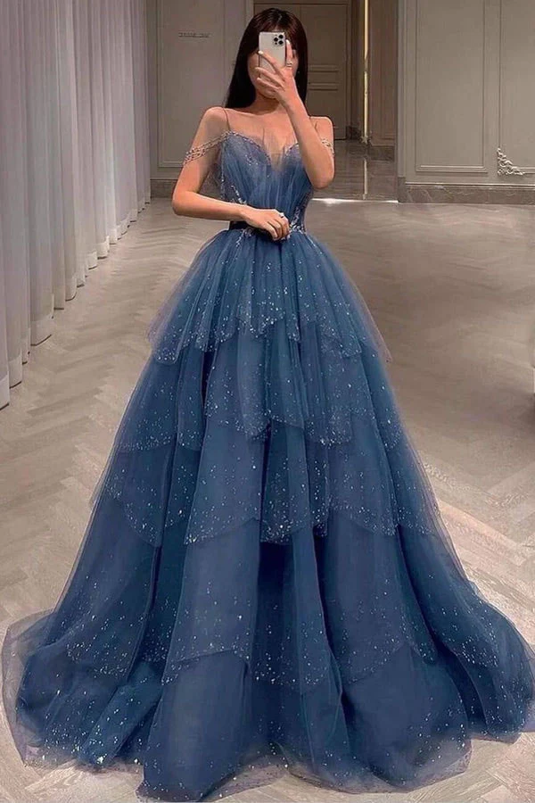Wunderschönes, funkelndes, exquisites, mit Perlen besetztes, langes Tüll-Ballkleid-Abendkleid mit Strasssteinen und mehrlagigem Kleid gh1001