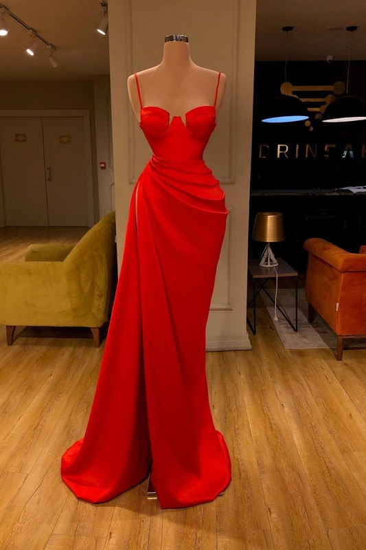Rote Spaghetti-Träger-Meerjungfrau-Abschlussballkleid mit Schlitz gh665