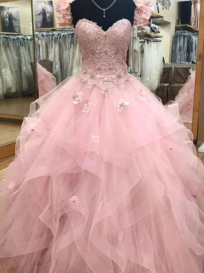 Rosa wunderschöne süße herzförmigen Ausschnitt exquisite Blumenspitze lange Tüll Prinzessin Ballkleid Abendkleid süße 16-jährige Erwachsene Zeremonie Kleid gh905