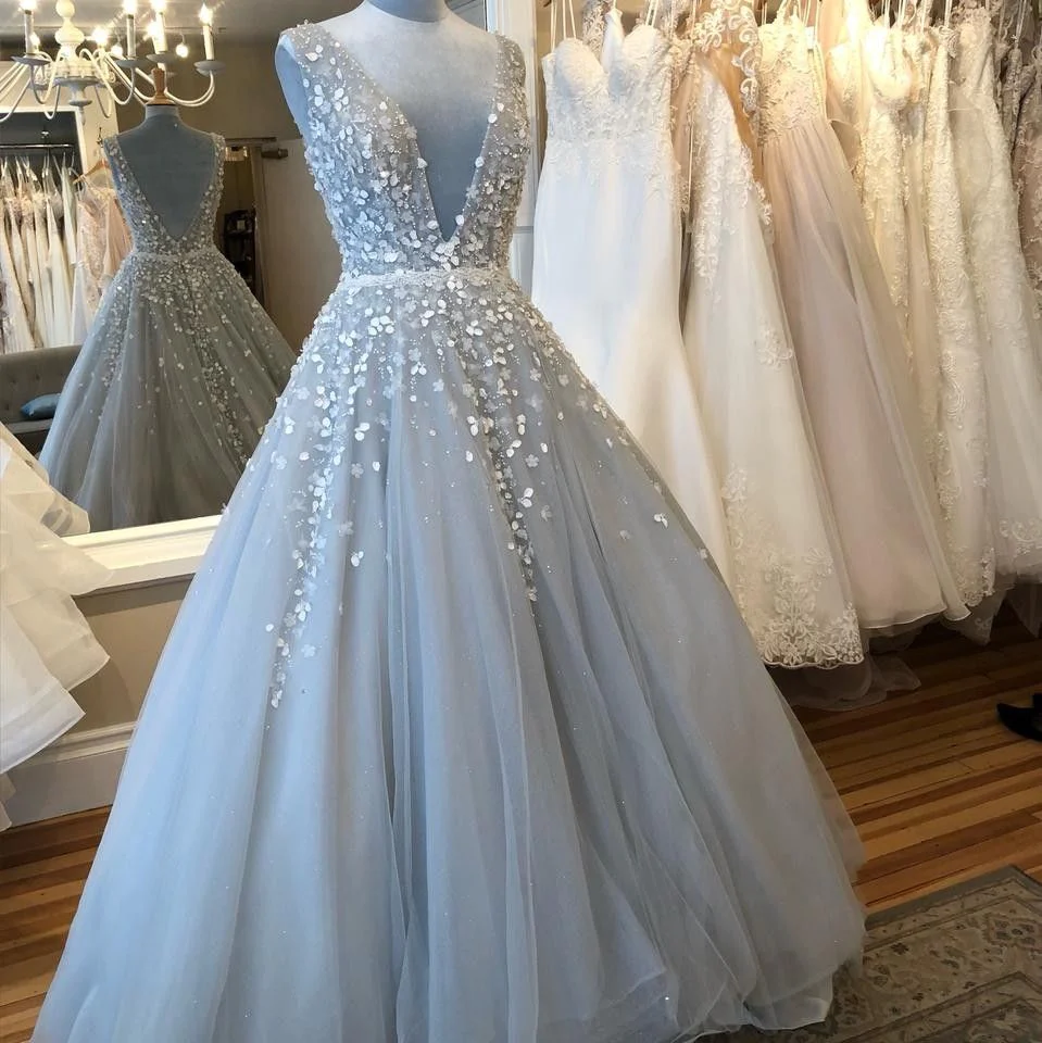 Hellgraue Ballkleider, Rückenfreies Ballkleid, Tüll-Abendkleider gh963