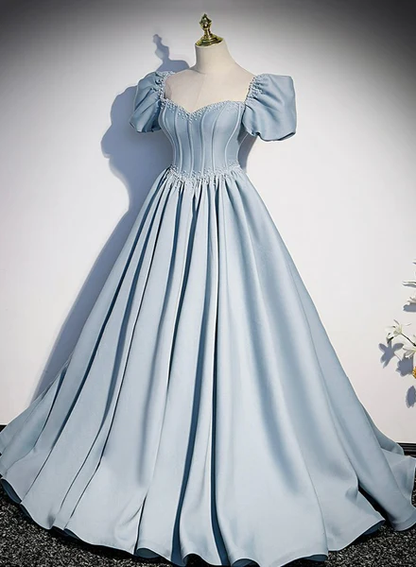 Schöne Satin-wulstige kurze Hülsen-formales Kleid, lange A-Linie Abschlussball-Kleid-Partei-Kleider gh3