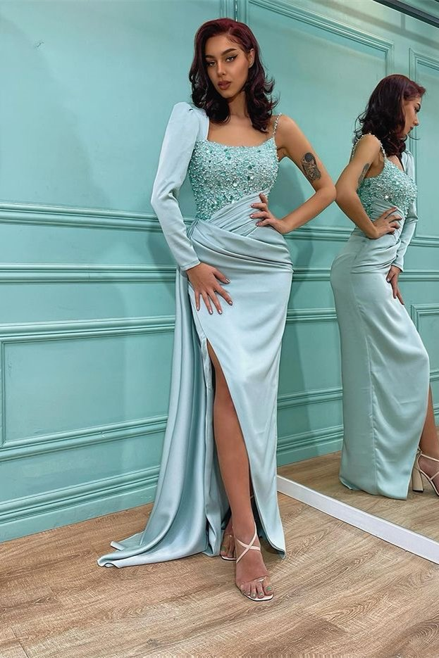 Elegantes One-Shoulder-Langarm-Pailletten-Meerjungfrau-Abschlussballkleid mit Split gh785