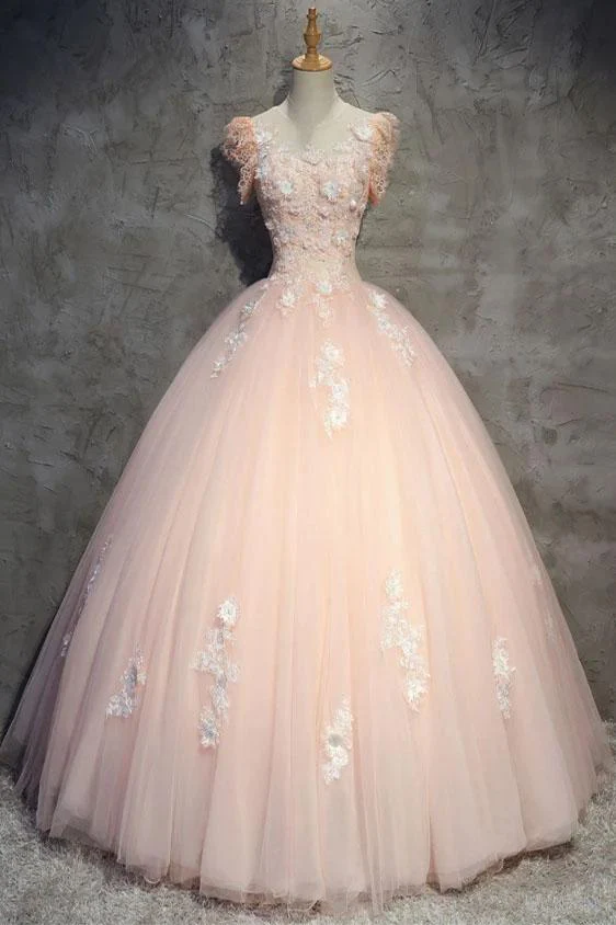 Pfirsichfarbenes, langes Ballkleid aus Tüll mit Blumen, Prinzessinnen-Ballkleid mit durchsichtigem Ausschnitt, Partykleid gh990