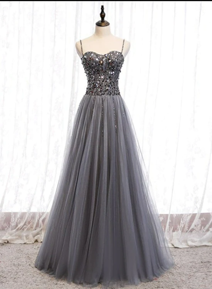 Robe de soirée longue en tulle brillant à bretelles perlées grises, robe de bal longue grise gh22