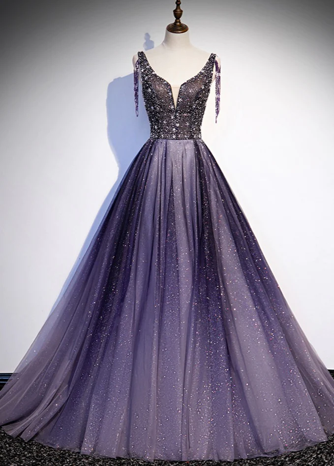 Charmante robe de soirée longue en tulle dégradé violet à décolleté en V, robe de bal trapèze gh244