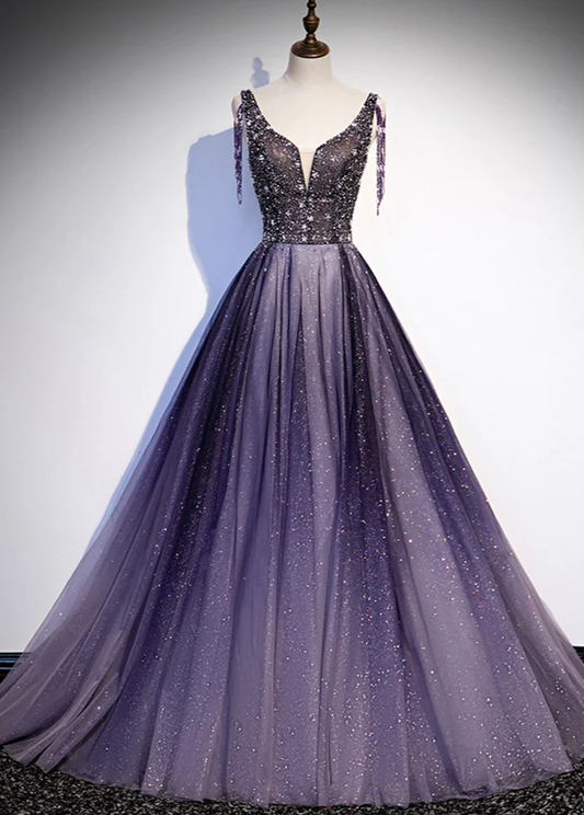Charmante robe de soirée longue en tulle dégradé violet à décolleté en V, robe de bal trapèze gh244