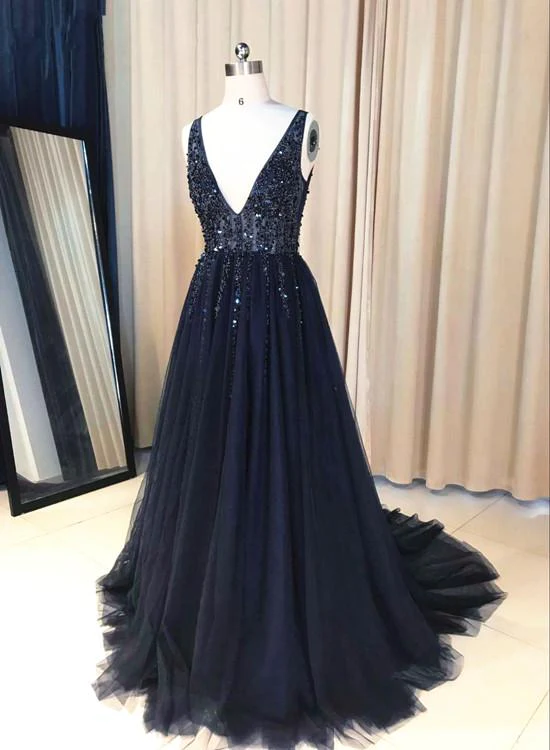 Marineblaues, perlenbesetztes, langes Ballkleid mit V-Ausschnitt, schickes Tüll-Glanz-formales Kleid, Partykleid gh124