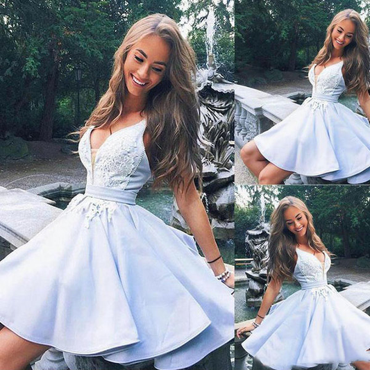 Robe de bal courte en satin bleu clair à col en V, robe de soirée en dentelle gh798
