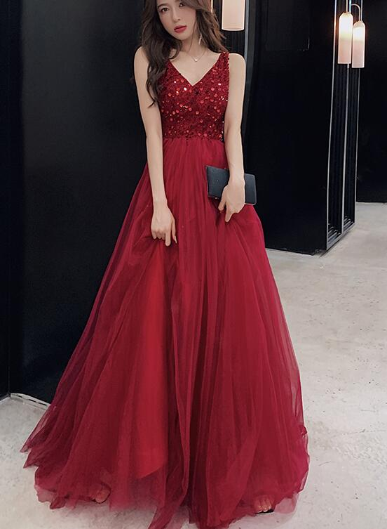 Sexy V-Ausschnitt, weinrotes, bodenlanges Partykleid aus Tüll, rotes formelles Kleid gh404