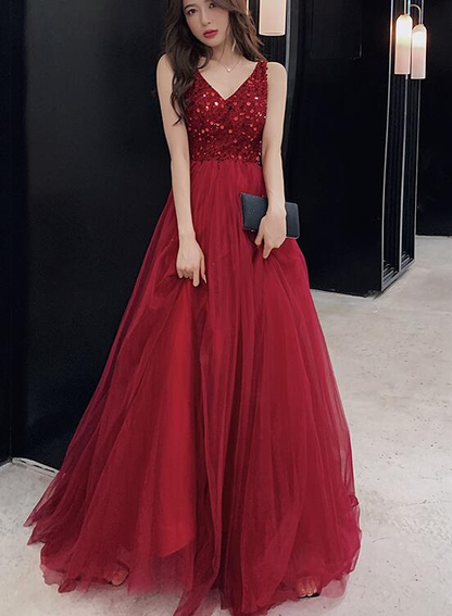 Sexy V-Ausschnitt, weinrotes, bodenlanges Partykleid aus Tüll, rotes formelles Kleid gh404