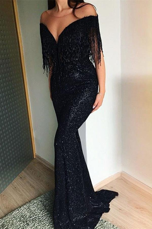 Schwarzes Meerjungfrau-Abschlussballkleid mit Quasten und Pailletten gh705