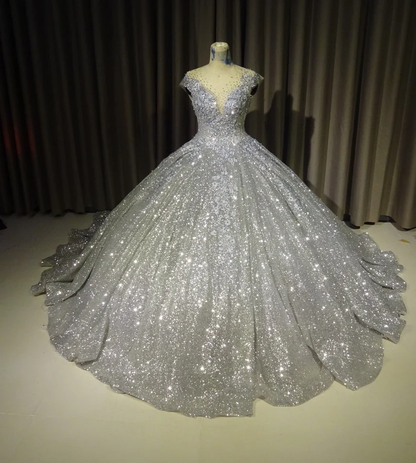 Silber wunderschöne glänzende elegante lange exquisite Pailletten Ballkleid Hochzeitskleid modernes Abendkleid benutzerdefinierte Kleid gh932