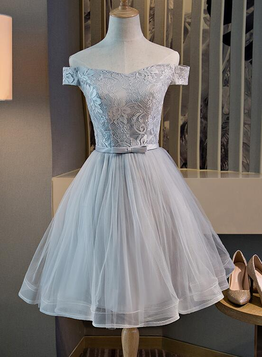 Robe de soirée mignonne à épaules dénudées en dentelle et tulle, longueur genou, robe de soirée gh442