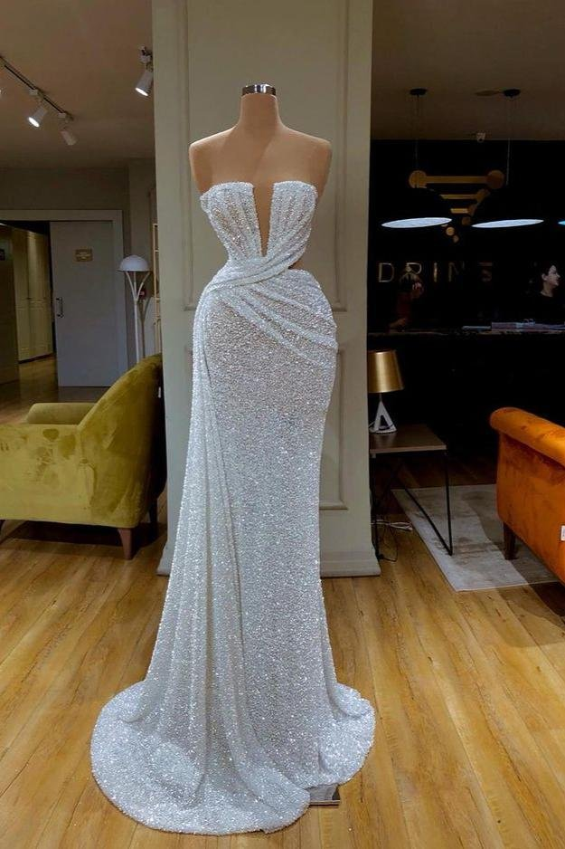 Wunderschöne weiße Pailletten Trägerloses Ballkleid Online gh633