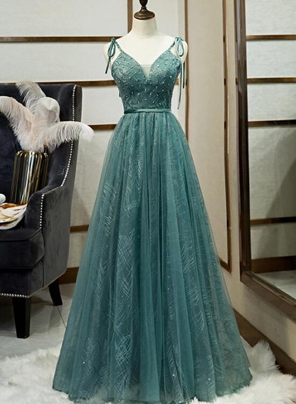 Robe de bal longue en tulle vert, nouvelle robe de soirée longue à bretelles et décolleté en V gh286