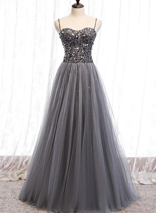 Belles robes de bal en tulle perlé gris, robe de soirée à bretelles gh194