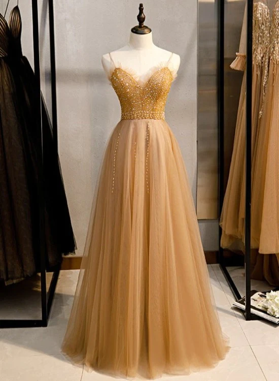 Champagner Pailletten Tüll Träger Langes Abendkleid Partykleid, Sweetheart Ballkleid gh25