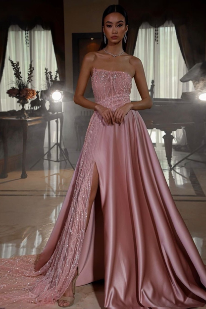 Rosa, trägerloses, ärmelloses Pailletten-A-Linien-Abschlussballkleid mit Split gh724