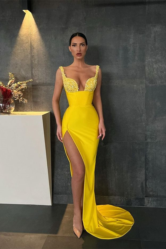 Robe de bal sirène à bretelles et paillettes jaunes avec fente gh638