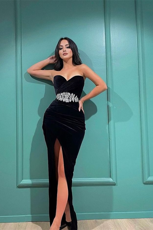 Schwarzes herzförmiges langes Ballkleid Split mit Applikationen gh786
