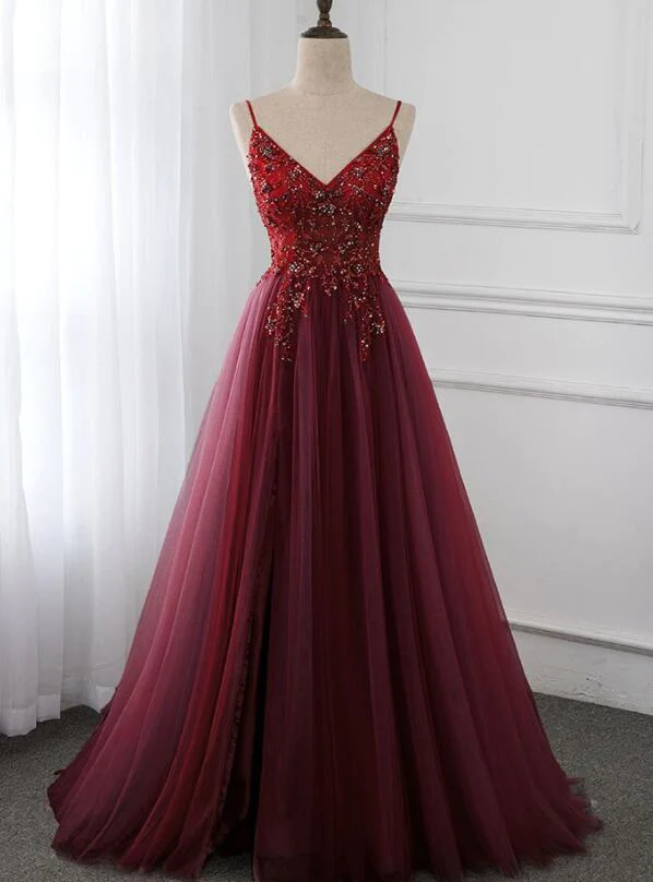 Wunderschönes, weinrotes, bodenlanges Partykleid mit Perlen, Burgunderrotes Junior-Abschlussballkleid gh216