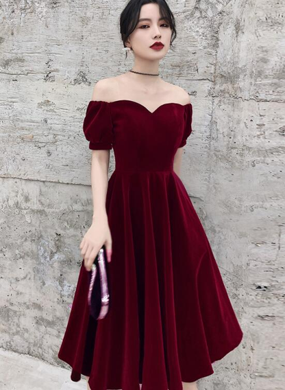 Robe de soirée courte en velours rouge vin, robe de bal à épaules dénudées, robe de demoiselle d'honneur gh233