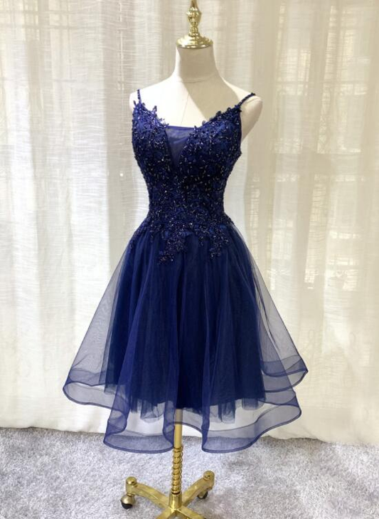 Robe de soirée courte en tulle bleu marine à décolleté en V, robe de soirée courte avec appliques en dentelle gh154
