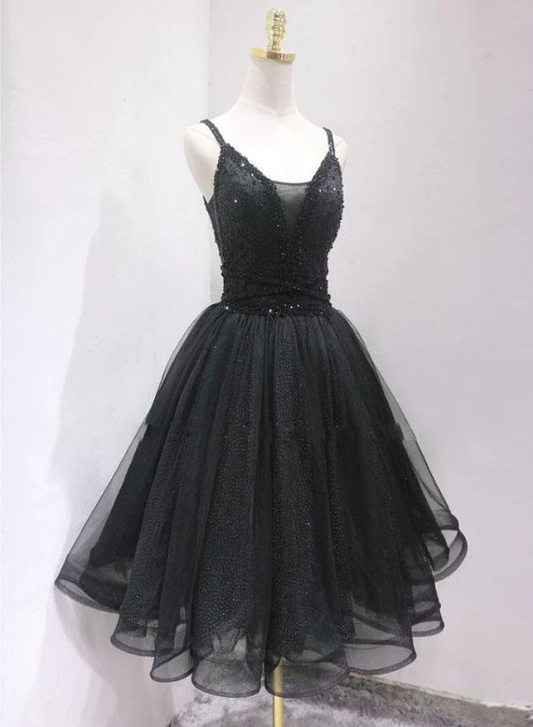 Robe de soirée courte noire en tulle et perles, longueur genou, robe de bal gh75