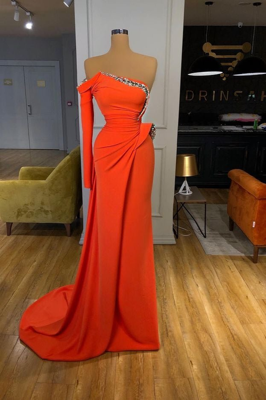 Orange Langarm Ballkleid Meerjungfrau mit Pailletten gh672