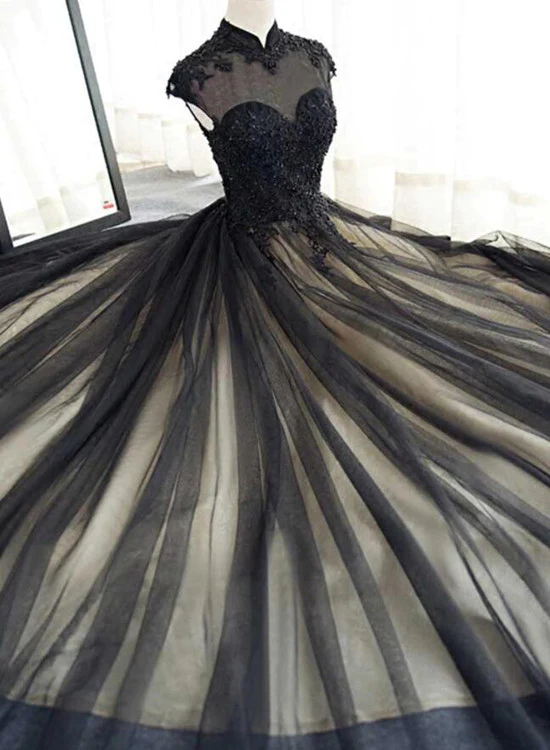 Schöne schwarze Ballkleider High Neck Sweep Train Ballkleid, schwarzes Partykleid gh437