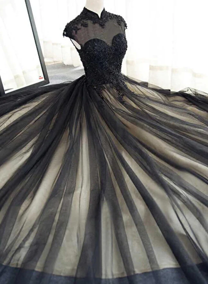 Schöne schwarze Ballkleider High Neck Sweep Train Ballkleid, schwarzes Partykleid gh437