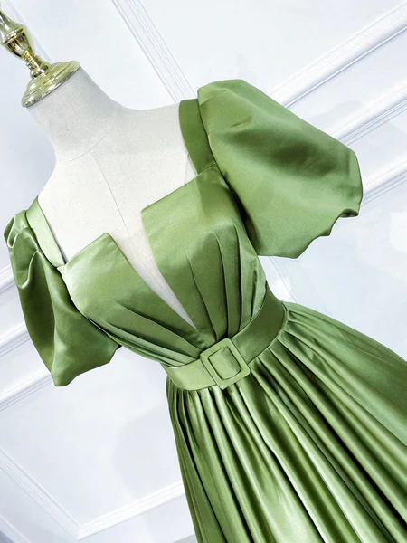 Grüner Satin mit kurzen Ärmeln, lange Abendgesellschaftskleider, grüne formelle Partykleider gh0002