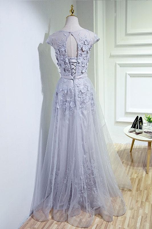 Grau A-Linie Tüll Langes Ballkleid, Partykleid Graues Brautjungfernkleid gh427