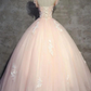 Pfirsichfarbenes, langes Ballkleid aus Tüll mit Blumen, Prinzessinnen-Ballkleid mit durchsichtigem Ausschnitt, Partykleid gh990