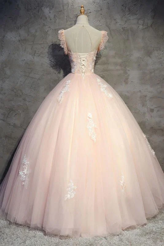 Pfirsichfarbenes, langes Ballkleid aus Tüll mit Blumen, Prinzessinnen-Ballkleid mit durchsichtigem Ausschnitt, Partykleid gh990