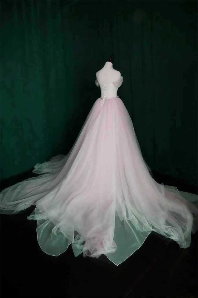 Robe de soirée de mariage longue en tulle rose avec décolleté en cœur et ceinture, robe de soirée rose gh68