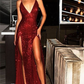 Rote Pailletten V-Ausschnitt Ballkleid mit Schlitz gh612
