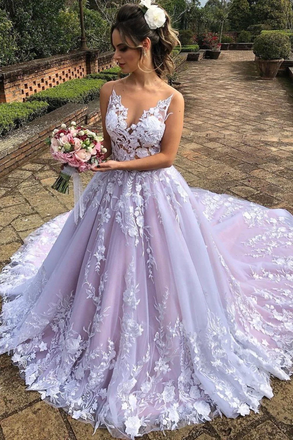 Weiße Spitze mit V-Ausschnitt, langes Ballkleid, langes, weißes, formelles Spitzen-Abendkleid, Spitzen-Hochzeitskleid gh991