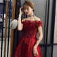Weinroter Tüll mit Perlen und Spitze Schulterfreies Abendkleid, Weinrotes Ballkleid gh202