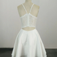 White v neck satin lace short prom dress, formal dresses, white homecoming dress gh813