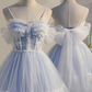Entzückendes hellblaues Tüll-Träger-Partykleid mit Spitze, kurze Tüll-Abschlussballkleider gh53